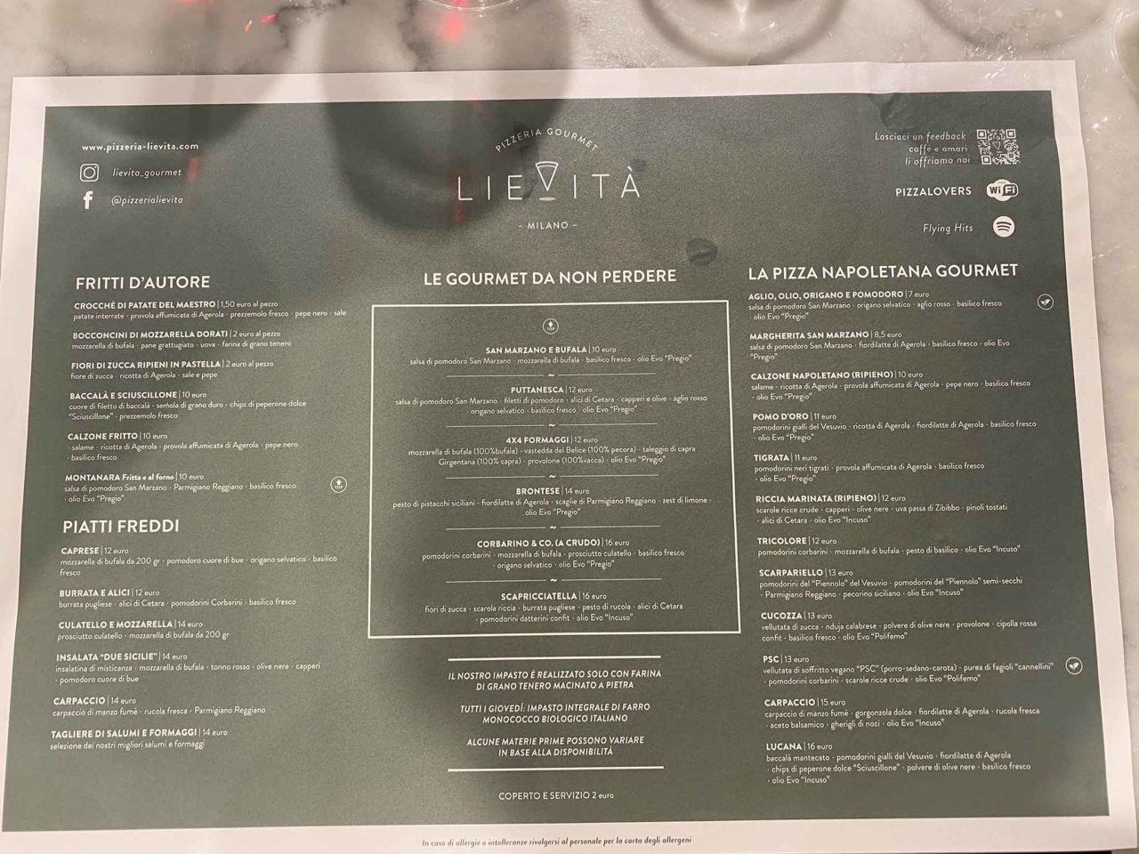 menu e prezzi pizzeria Lievità Milano Sempione