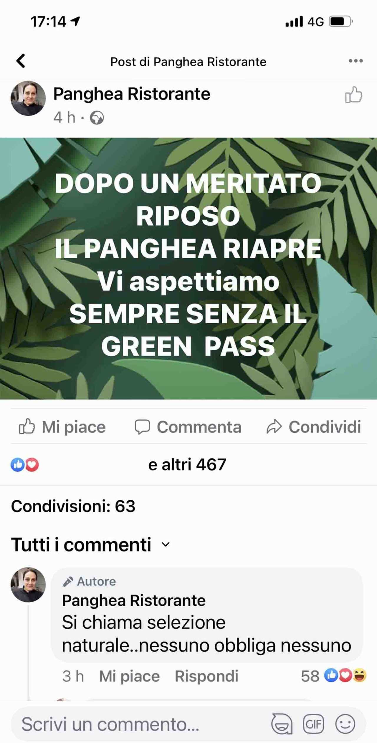 Panghea post instagram no green pass