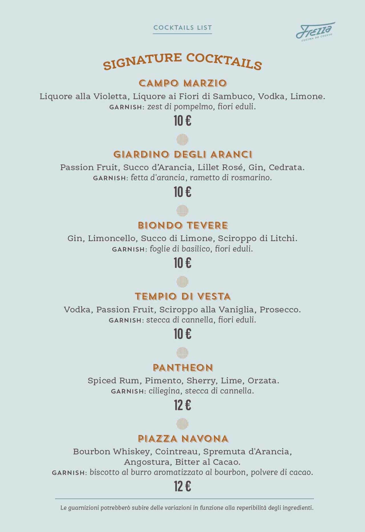 i cocktail con i nomi dei quartieri romani del ristorante Frezza