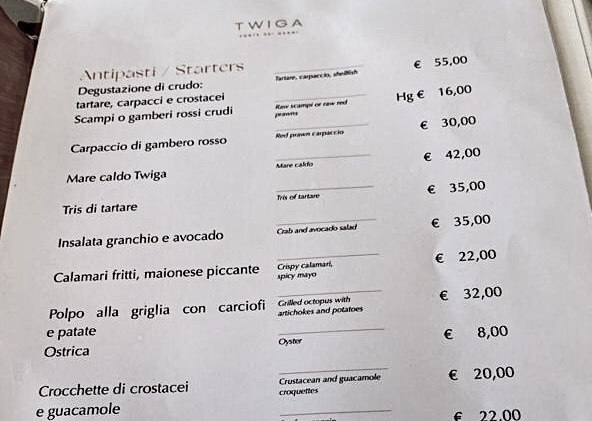 Twiga menu prezzi