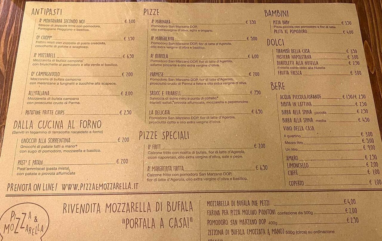 il menu e i prezzi bassi di Pizza e Mozzarella a Milano