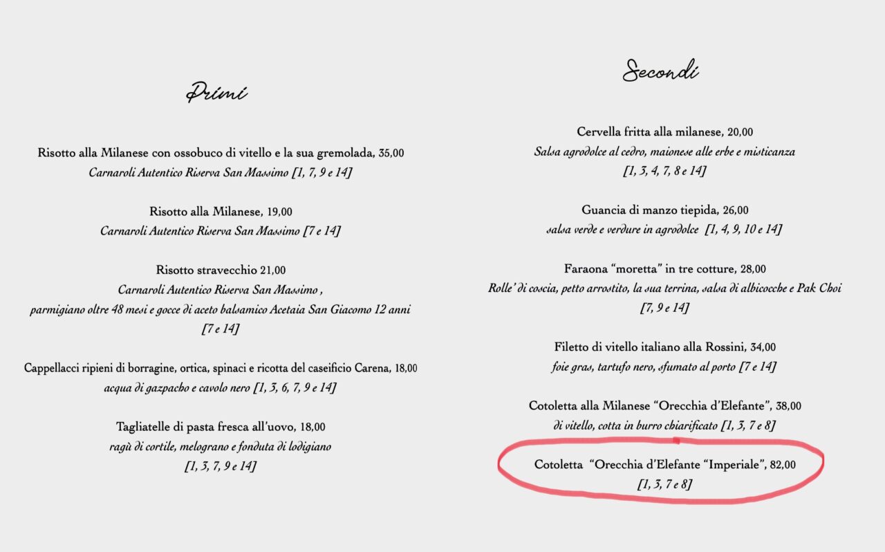 Cotoletta 82 euro menu